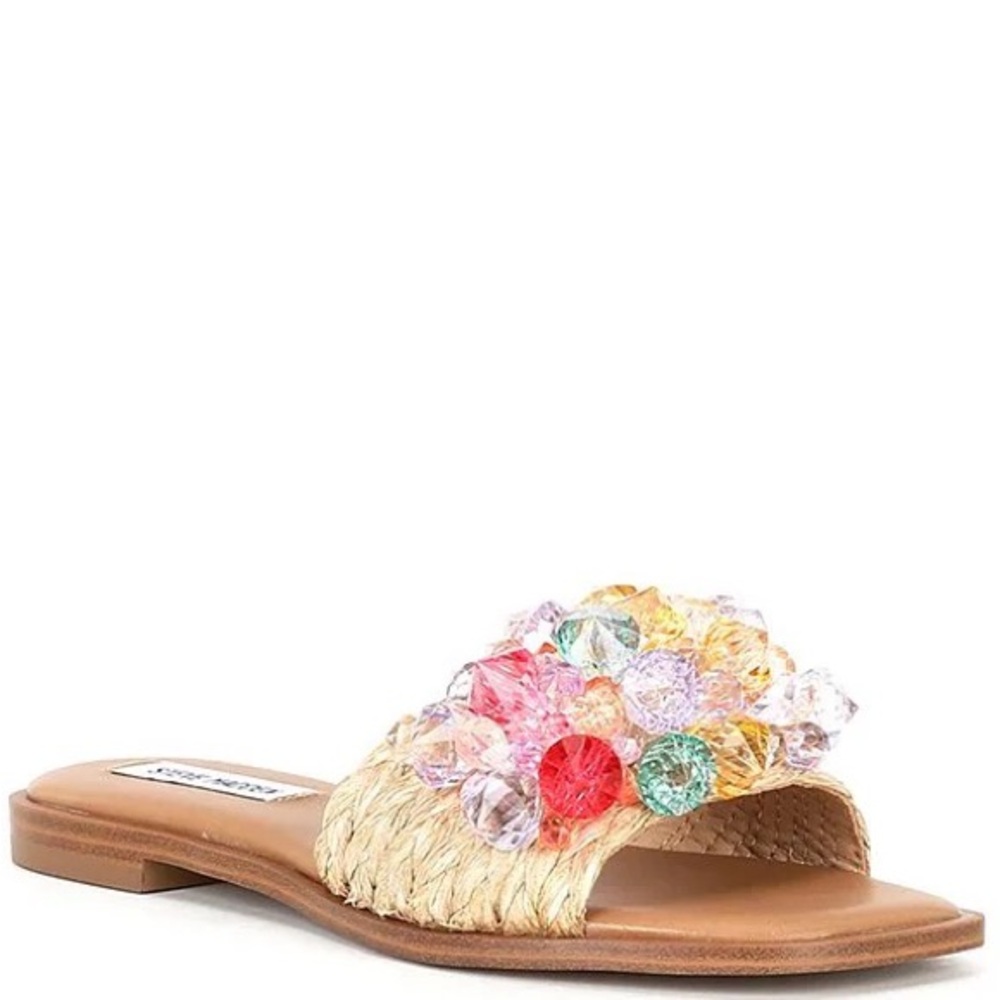 Steve Madden slides. Cute rattan with colorful embellishments. Perfect condition